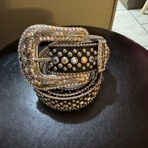 BB Simon Rhinestone Embellished Black Western Belt with Ornate Buckle
